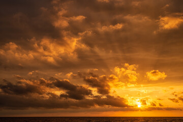 Naklejka na ściany i meble Golden sunset over the sea with sun rays