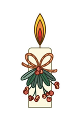 candle on mistletoe with berries of red color