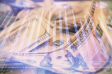 Double exposure of forex graph drawing over us dollars bill background. Concept of financial markets.