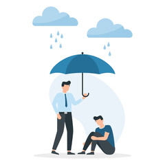 Young man holds out an umbrella from the rain to another in a state of depression. Support and help.