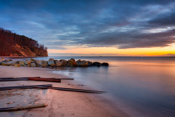 Amazing landscape of the beach at Orlowo cliff before sunrise, Gdynia. Poland