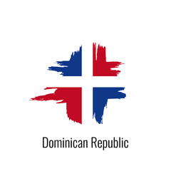 Hand drawn ink brush cross stroke national color Flag of Dominican Republic. Patriotic symbol on white background. Holiday design poster, banner, flyer. Concept vector illustration