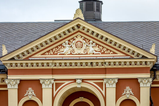 Ornate pediment above the entrance of the Drama Theatre in Klaipeda, Lithuania