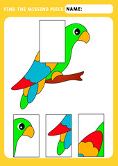 Find the missing piece and complete the picture. Puzzle kids activity. animals theme. Funny little parrot. Activity for pre school years kids. Educational and logical game for kids.  A4 paper