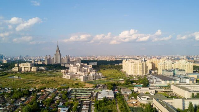sunny day moscow cityscape living block lomonosov university aerial panorama 4k timelapse russia