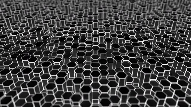 Black and white hexagonal shapes hi-tech pattern, looping abstract 3D animation