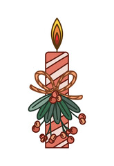 candle on mistletoe with berries of red color and one ribbon