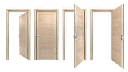 Set of classic style solid wood doors closed and open outside, inside of house room. Simple modern light pine wooden doorways for home interior design