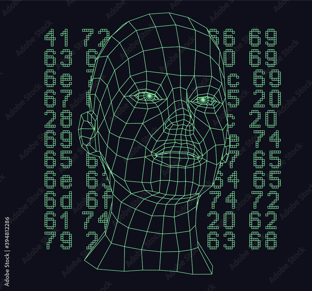 Poster silhouette of 3d low poly human head. concept of artificial intelligence and neural network.