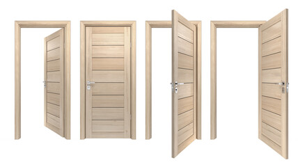 Set of modern, solid wood, single, 3D realistic entrances. Front view of closed and open intside, outside doors with light pine wooden planks
