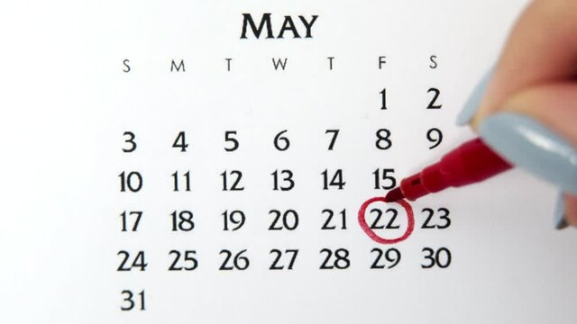 Female hand circle day in calendar date with a red marker. Business Basics Wall Calendar Planner and Organizer. May 22th