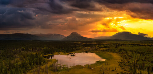 Peaceful Panoramic View of Pond and Marshland, surrounded by Forest and Mountains in Canadian Nature. Sunset Sky. Aerial Drone Shot. West of Whitehorse, East of Haines Junction, Yukon, Canada.