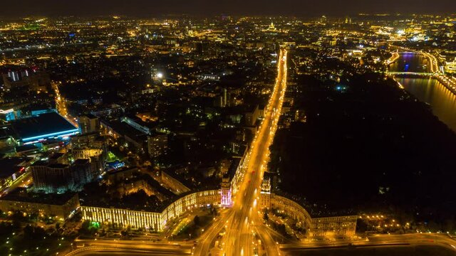 night illumination moscow city traffic junction interchange aerial timelapse panorama 4k russia