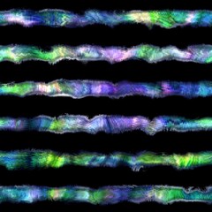 Seamless abstract color blobs with stripes overlay. High quality illustration. Painterly dye-like blue purple and green bleed watery background color with beautiful pattern overlay.