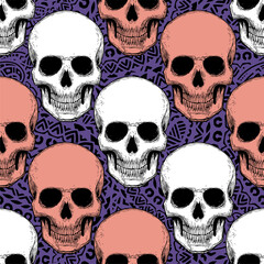 Seamless pattern with hand drawn skulls. Vector Illustration