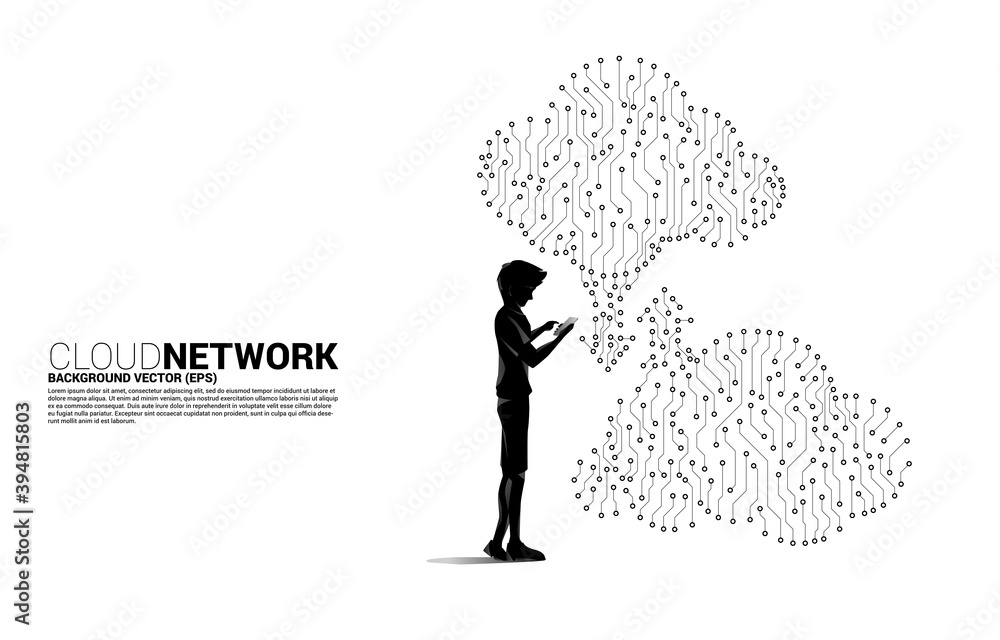 Aufkleber silhouette man with mobile phone and cloud network. concept of cloud server, storage and data