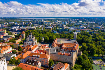Amazing aerial drone shot of old town of Tallinn, Estonia at sunset