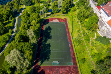 Aerial view of the football and basketbaal fields.