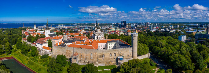 Aerial ancient castle in old town of Tallinn. Toompea is the Estonian parliament site.