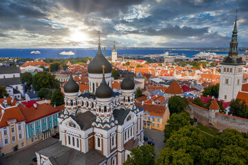 Aerial sunset view of the Alexander Nevsky Cathedral, an orthodox cathedral in the Tallinn Old...