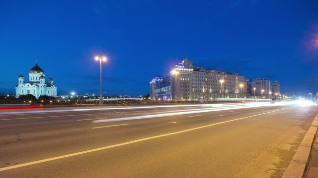 night illuminated moscow city traffic bridge cathedral panorama 4k timelapse russia