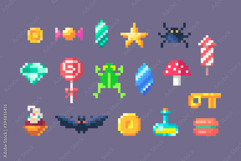 Poster pixel art game elements. gui icons for game design.