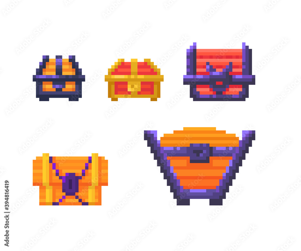 Poster pixel art set of closed treasure chests different forms and sizes.