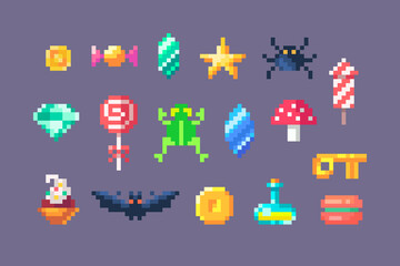 Pixel art game elements. GUI icons for game design.