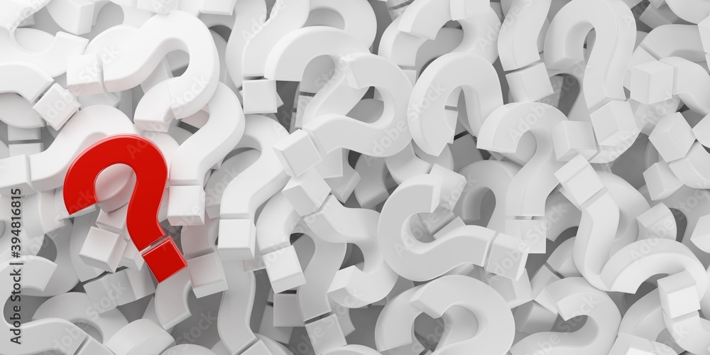 Poster heap of white question marks symbol with one red question mark flat lay top view from above, questio