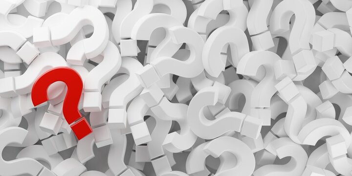 Heap of white question marks symbol with one red question mark flat lay top view from above, question, faq or brainstorming concept