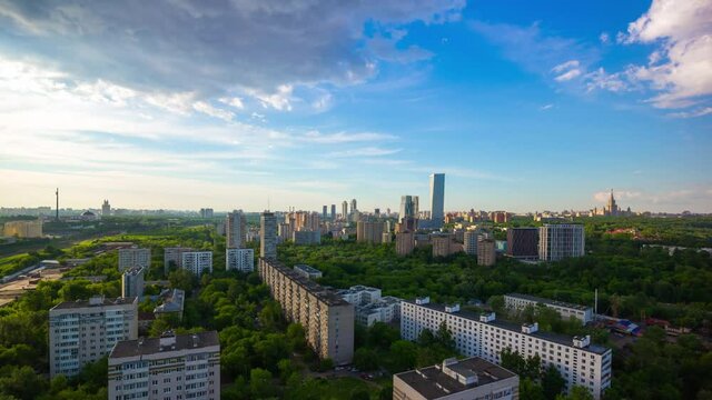 summer day moscow city famous living block rooftop aerial panorama 4k timelapse russia