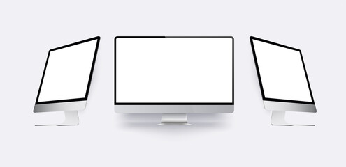 Realistic mock-up desktop PC. Monitor display with a blank screen in different positions, on the side, turned isolated on a white background. Vector illustration
