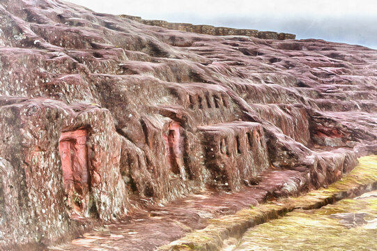 El Fuerte de Samaipata archaeological site colorful painting looks like picture, Bolivia.