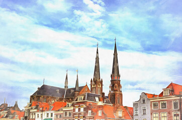Old church view colorful painting looks like picture, Delft, Netherlands.