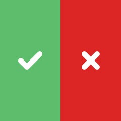 Obraz premium Check and wrong marks, Tick and cross marks, Accepted/Rejected, Approved/Disapproved, Yes/No, Right/Wrong, Green/Red, Correct/False, Ok/Not Ok - vector mark symbols in green and red. Isolated icon.