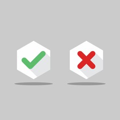 Check and wrong marks, Tick and cross marks, Accepted/Rejected, Approved/Disapproved, Yes/No, Right/Wrong, Green/Red, Correct/False, Ok/Not Ok - vector mark symbols in green and red. Isolated icon.