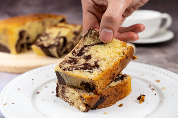 Slices of homemade marble chocolate pound cake or loaf bread