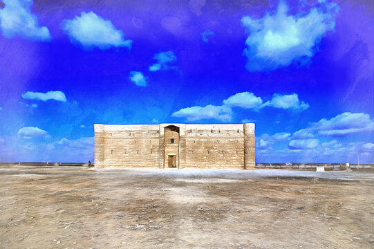 Umayyad desert castle colorful painting looks like picture, Qasr Kharana, Jordan.