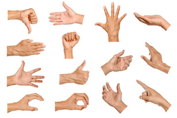 set of Man hands gestures isolated white background.