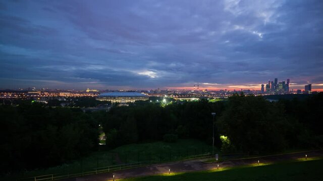 night moscow city vorobyovy gori luzhniki stadium panorama 4k timelapse russia