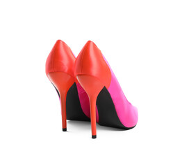 Pair of beautiful shoes on white background