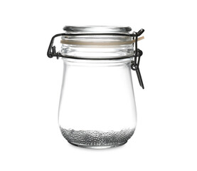 Closed empty glass jar isolated on white