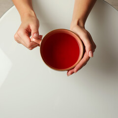 Woman with cup of black tea at white table indoors, top view