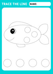 Funny little fish. Educational children game. Preschool worksheet for practicing fine motor skills - tracing dashed lines. Tracing Worksheet. Illustration and vector outline - A4 paper