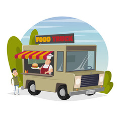 food truck cartoon illustration with happy chef serving a burger to a hungry man