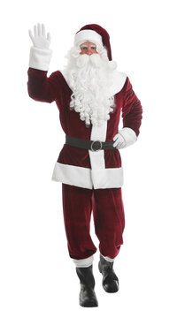 Santa Claus in costume running on white background