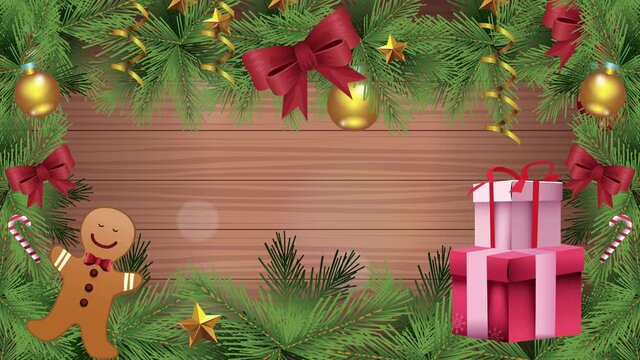 happy merry christmas card with balls hanging and gifts