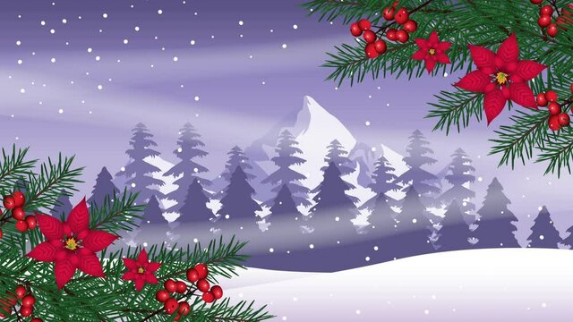 happy merry christmas card with flowers in snowscape scene