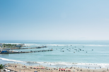 Aerial view of chorrillos district beach and port in Lima, Peru