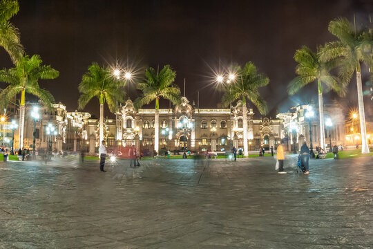 The Basilica Cathedral of Lima on Plaza de Armas (Plaza Mayor) Main square of Lima city at the night, Peru